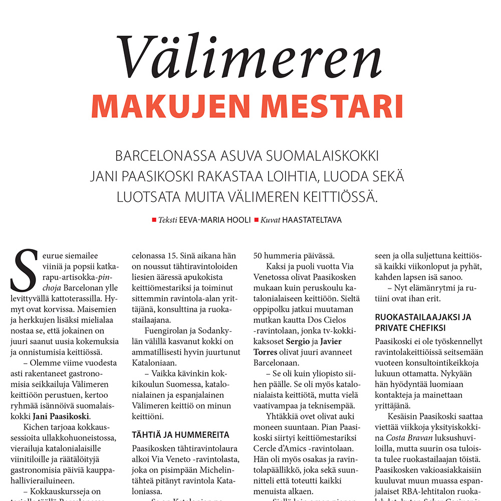 Entrevista en la revista Olé lehti Välimeren makujen mestari 